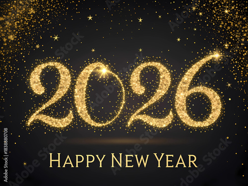 2026 in Floating Gold Dust with Elegant Happy New Year Calligraphy