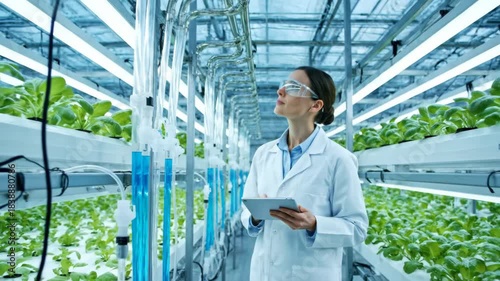 Woman researcher uses a digital tablet in a lab for plant analysis. Scientist working in a vertical farm for sustainable agriculture.