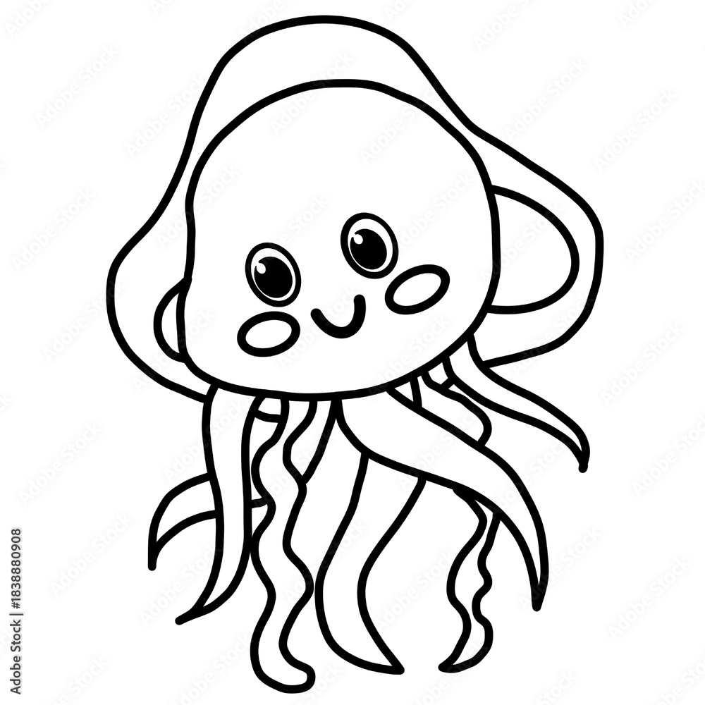 Fototapeta premium Smiling Cartoon Jellyfish with Tentacles Black and White Ocean Creature Illustration