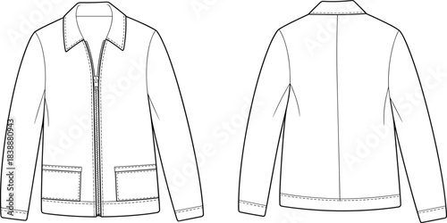 Front and Back View of a Zippered Jacket Fashion Design Sketch Keywords: jacket, zippered, fashion, design, sketch, technical