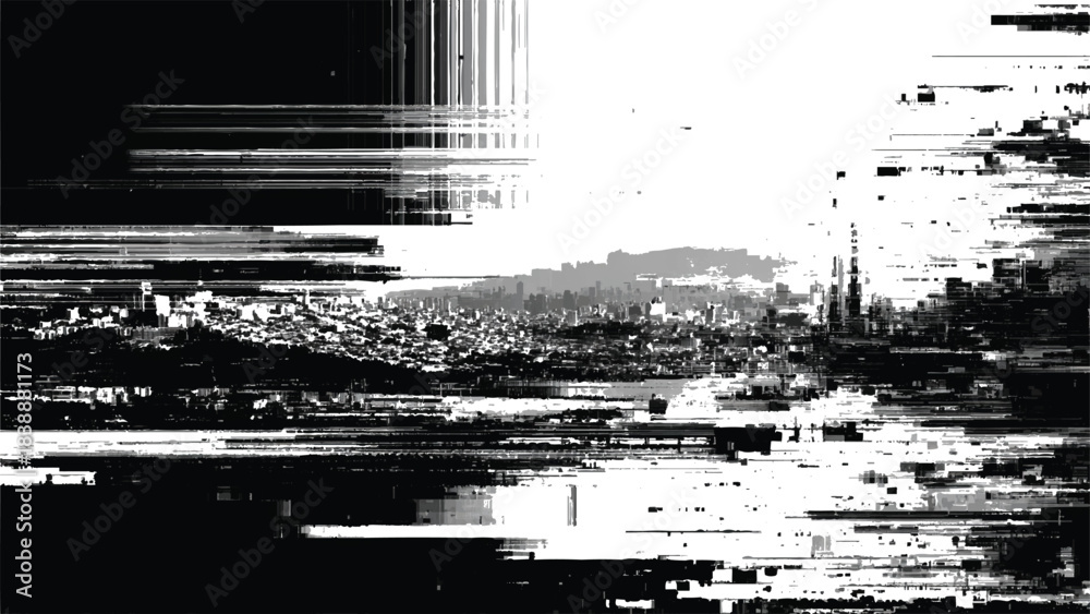 Fototapeta premium distorted urban cityscape glitch effect, black and white digital error background, cyberpunk abstract city skyline