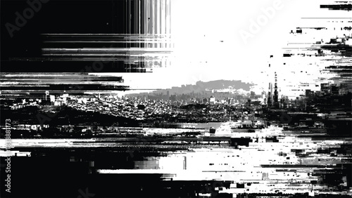 distorted urban cityscape glitch effect, black and white digital error background, cyberpunk abstract city skyline