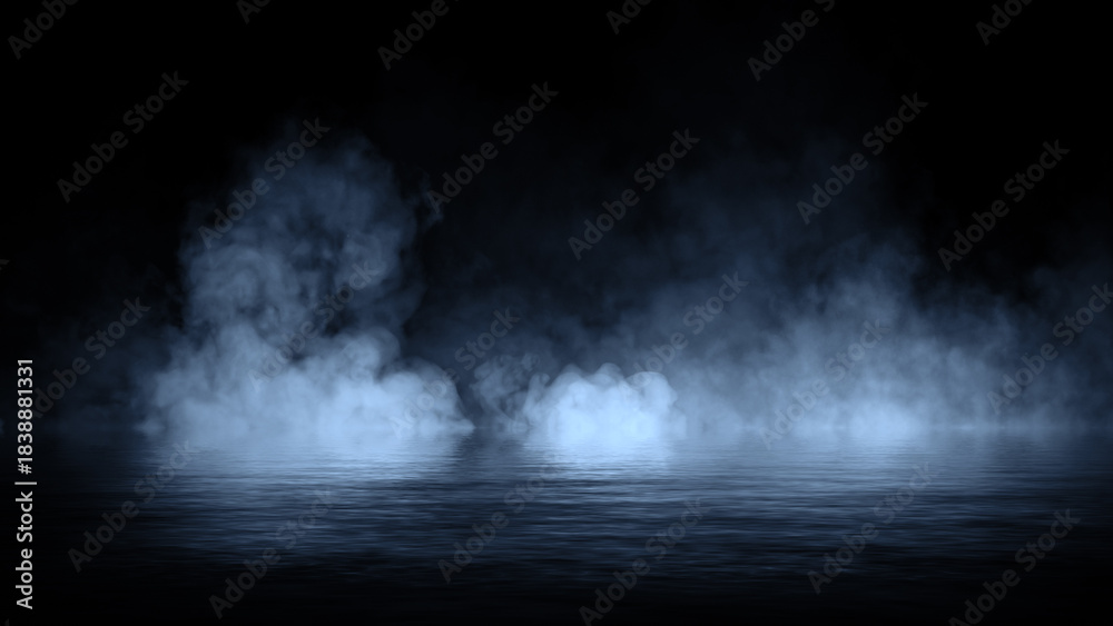 Fototapeta premium Blue abstract smoke steam moves on black background texture . The concept of aromatherapy. Reflections on water. Stock illustration.
