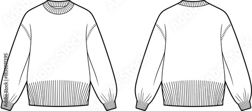 White Crew Neck Sweater Front and Back Flat Sketch Keywords: sweater, jumper, knitwear, apparel, clothing, fashion, template