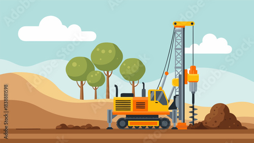 A yellow drilling machine on a construction site with excavated earth and trees in the background under a blue sky.