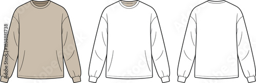 Front, White, and Back Views of a Long- Sleeved Shirt Fashion Design Sketch Keywords: shirt, long-sleeved, fashion, design