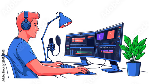 A man wearing headphones sitting at a desk, actively engaged in video editing on a dual-monitor computer setup with a microphone and desk lamp.