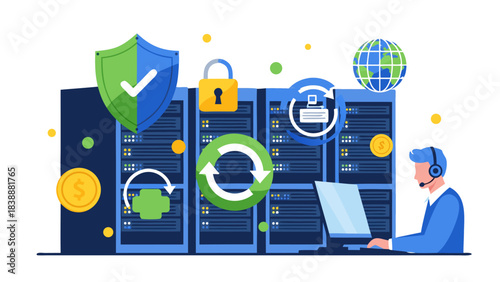 IT support specialist managing secure data servers with global network connectivity and system updates.