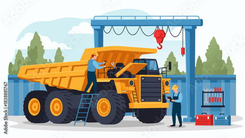 Large yellow dump truck undergoing maintenance by two mechanics in a workshop setting.