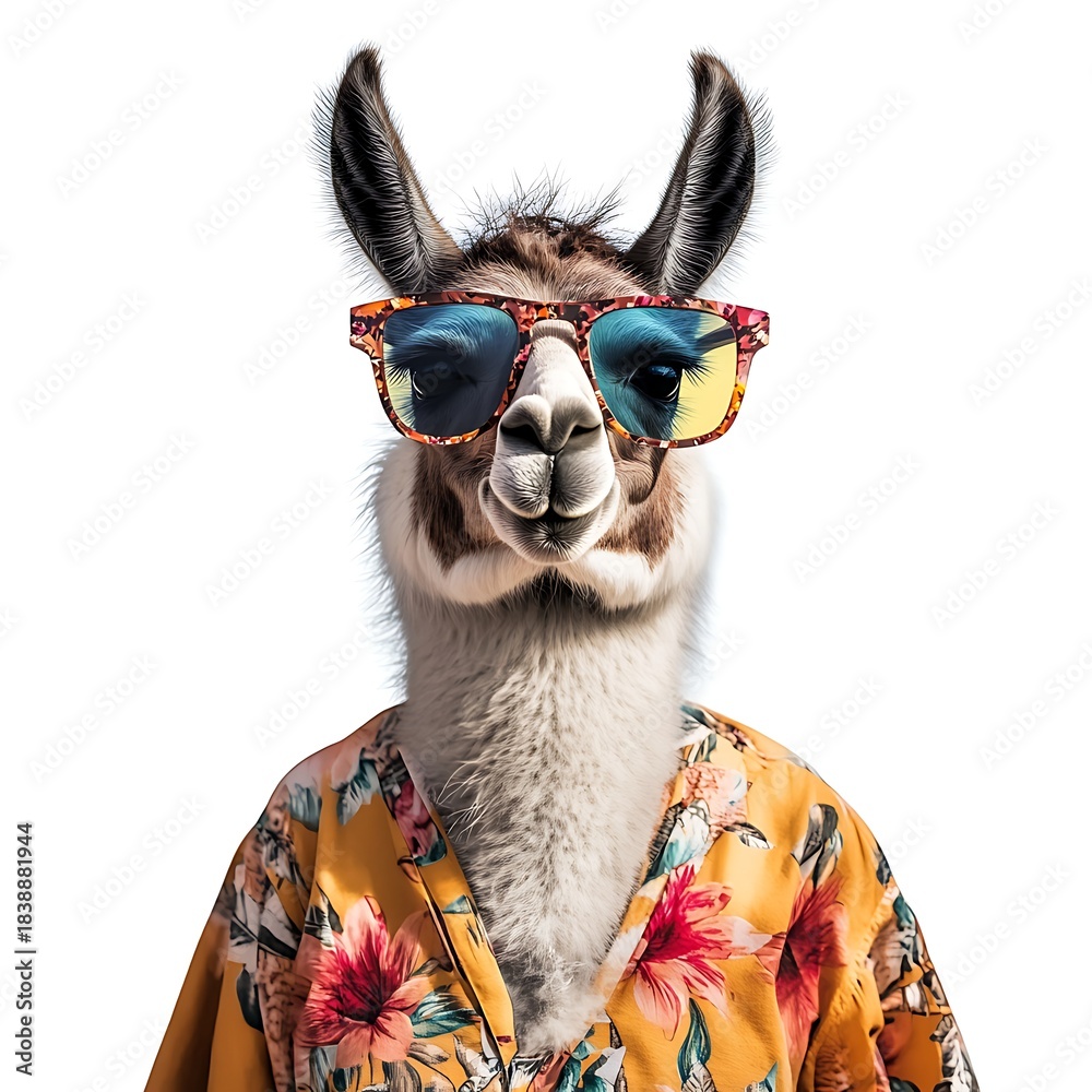 Naklejka premium An alpaca, wearing sunglasses and a tropical shirt. The alpaca is looking directly at the camera with a playful expression. 