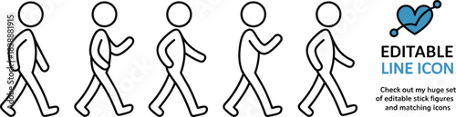 Five Stick Figure Icons Walking in Profile with a Blue Heart and Text Keywords: stick figure, walking, person, icon, line art