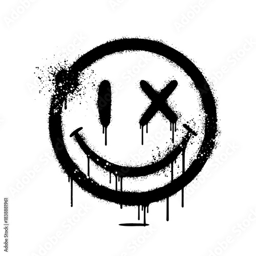 Graffiti dead smiley face icon, spray-painted black x eyes emotion.