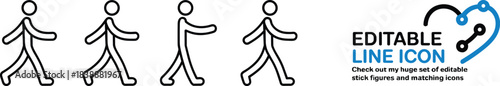 Four walking stick figure icons and an editable line icon graphic movement