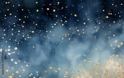 AdoA dark blue watercolor background with beautiful gold petals gently falling from the sky, creating an enchanting atmosphere that captivates the imagination and evokes warmth and tranquility 