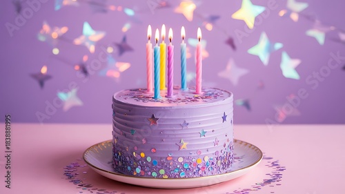 Purple birthday cake with colorful candles and star themed decoration
