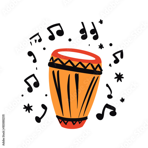 Minimalist vector illustration of hand drawn orange bongo drum with decorative patterns and black musical notes floating around rhythm music concept