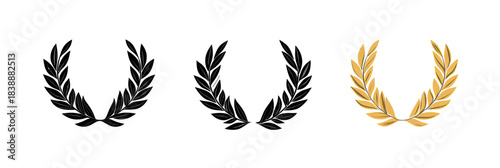Set of three laurel wreath flat icons in black and gold colors, minimalist victory and achievement symbols for design and decoration, vector illustration