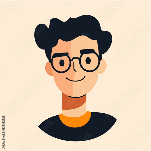 Flat minimalist vector portrait of young man with curly hair and glasses smiling face avatar icon design illustration for profile or user interface concept