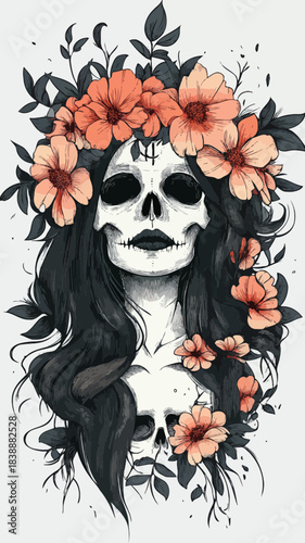 Dark gothic woman with skull face paint and flowing black hair adorned with orange flowers and green leaves vector illustration