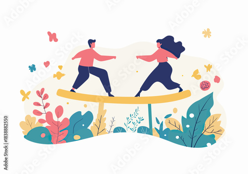 Businessman businesswoman balancing on seesaw equal partnership concept diversity fairness teamwork minimal flat vector illustration