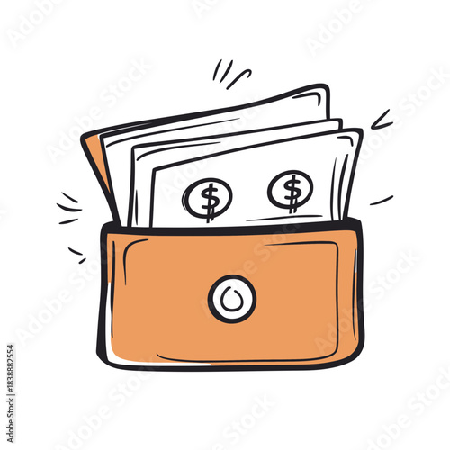 Hand drawn wallet with dollar bills illustration money cash savings concept simple sketch style vector icon for finance and wealth