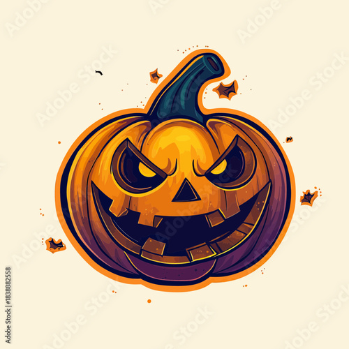 Scary Halloween pumpkin jack o lantern angry face carved orange spooky fall decoration vector illustration with dark stem and mischievous expression
