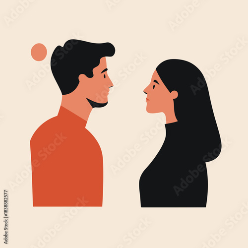 Minimalist vector illustration of man and woman facing each other in profile with solid color clothing and simple facial features on beige background, modern relationship concept art