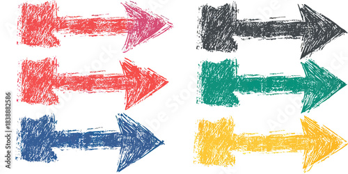 Set of six colorful hand drawn grunge textured arrows in red, black, green, blue, and yellow with crayon brush stroke style pointing right on white background vector illustration