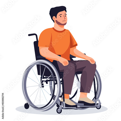 Young man sitting in manual wheelchair wearing orange shirt and brown pants isolated on white background flat vector illustration of disabled person with mobility aid and modern hairstyle