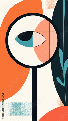 Abstract conceptual illustration of eye enlarged by magnifying glass with geometric shapes and bold colors for vision and focus theme design vector art