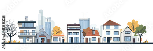 Minimalist modern suburban neighborhood with diverse small and medium houses, autumn trees, and city skyline in flat vector style on white background