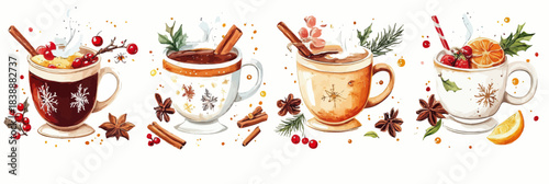 Colorful festive winter hot drinks with spices star anise cinnamon cranberry orange and cream in decorative cups flat minimalist vector illustration set