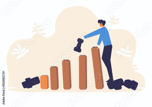 Businessman stopping falling domino effect with chess piece in flat minimalist style conceptual illustration of risk management and crisis prevention strategy