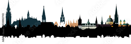 Minimalist vector silhouette of Munich skyline with historic architecture and landmarks in flat black and color accents for travel and cityscape design concepts