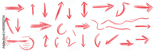 Set of hand drawn red arrows in various directions and styles with sketchy, doodle, and curved design elements for graphic use and illustration concepts