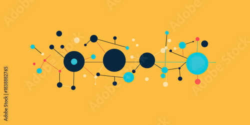 Abstract molecular structure with interconnected circles and lines on yellow background representing science technology innovation and network concept in flat vector style