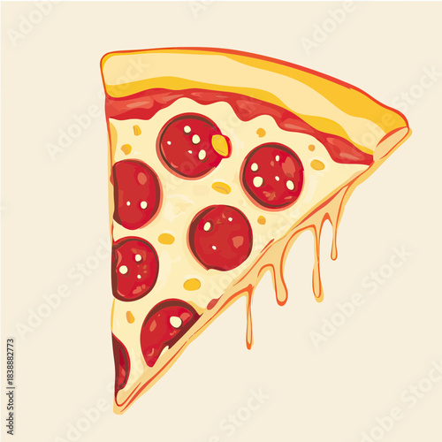 Vector illustration of classic pepperoni pizza slice with melted cheese dripping, flat minimalist style food art design