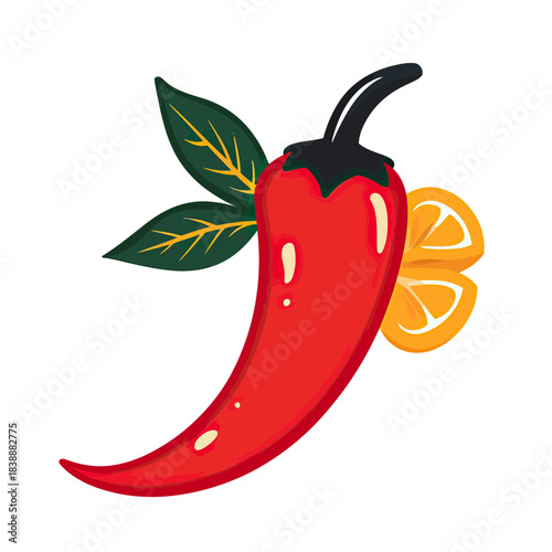Red chili pepper with green leaves and lemon slices isolated on white background flat minimalist vector illustration spicy hot cooking ingredient design element