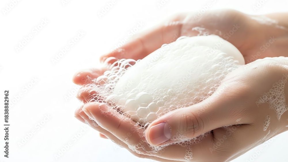 Fototapeta premium Hands holding soap with foam