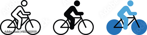 Three styles of a cyclist icon showing a person riding a bicycle Keywords: cyclist, bicycle, bike, riding, sport, recreation