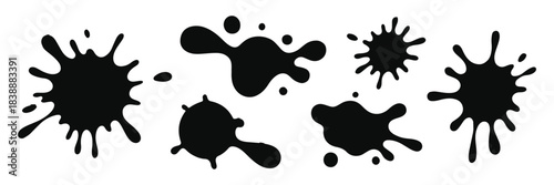 Set of six black ink splatters and paint drops, various shapes and sizes