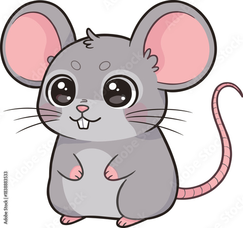 Adorable Cartoon Gray Mouse with Big Pink Ears and Large Dark Eyes rodent animal