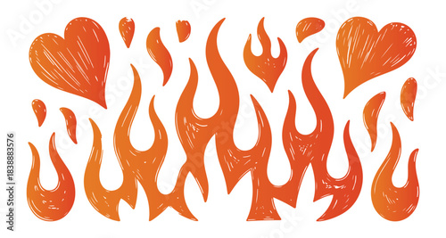 Hand drawn orange and red flames and hearts set, fiery elements collection, grunge style, white
