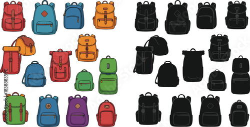 Assortment of Colorful and Silhouette Backpacks for Travel and School rucksack