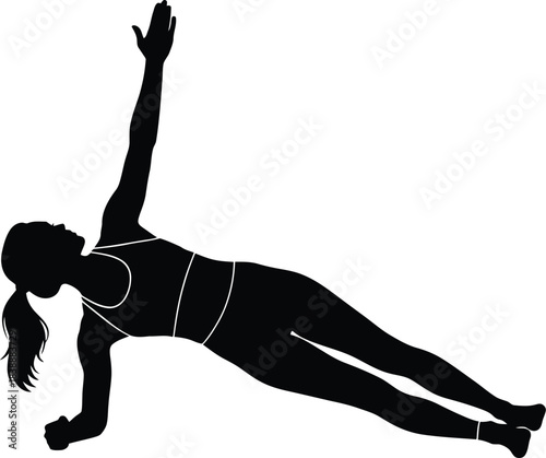 Silhouette of a woman performing a side plank with raised arm