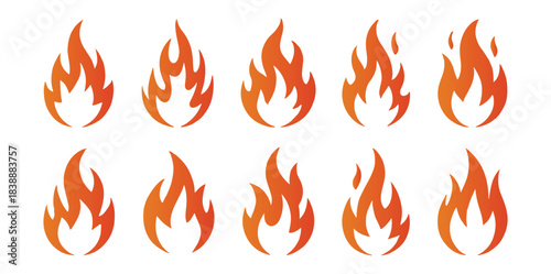 Set of ten different fire flame icons or symbols in orange gradient