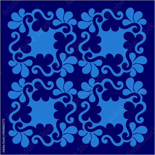 A repeating tapestry of flowing blue motifs forms a harmonious geometric rhythm, blending ornate curls and petal-shapes into a calm, elegant decorative pattern.