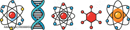 Collection of Science Icons Featuring DNA and Atomic Structures Keywords: science, icon, dna, helix, atom, atomic structure