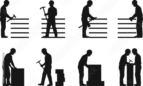 Construction worker silhouettes with tools and building materials on white background hard hat