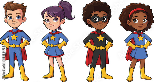 Diverse Group of Four Cartoon Superhero Children Standing Together in Costume Keywords: children, kids, superhero, costume, cape